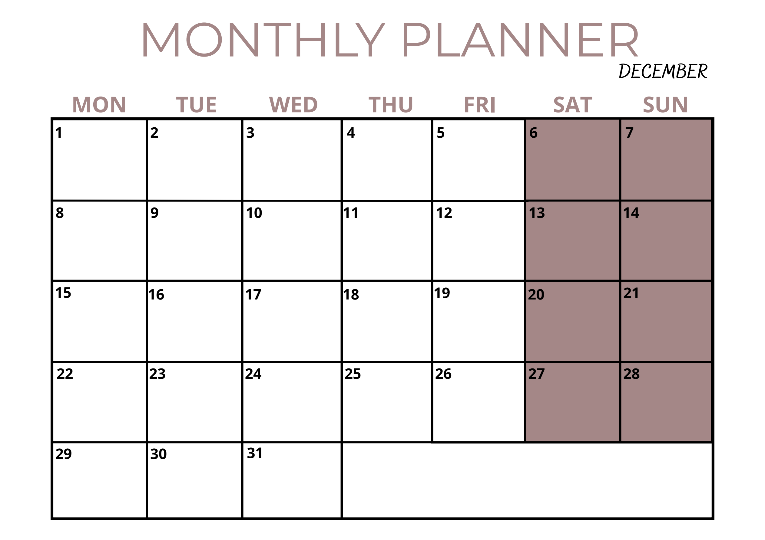 Miesięczny planer na Grudzień